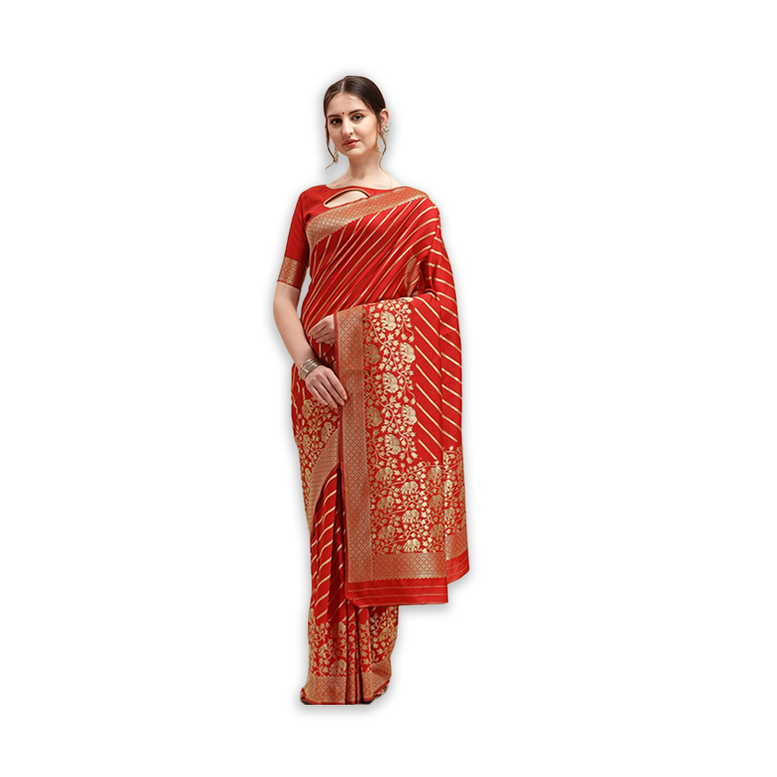 Women's Silk Blend Red Embellished Designer Saree With Blouse Piece
