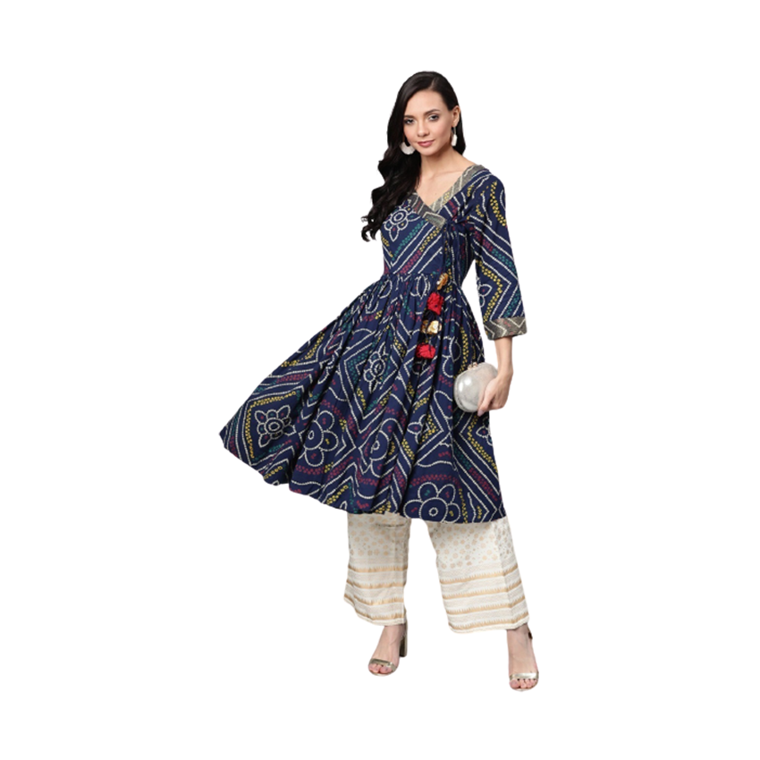 Cotton readymade short kurti bluish grey with allover prints & simple neck pattern without pant main image 1